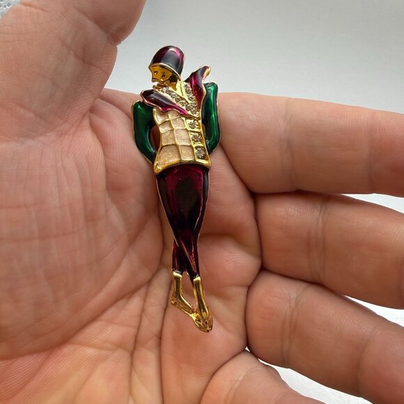 Vintage Art Deco Style Enamel Figural Lady Brooch Rhinestone Accent - Picture 3 of 6